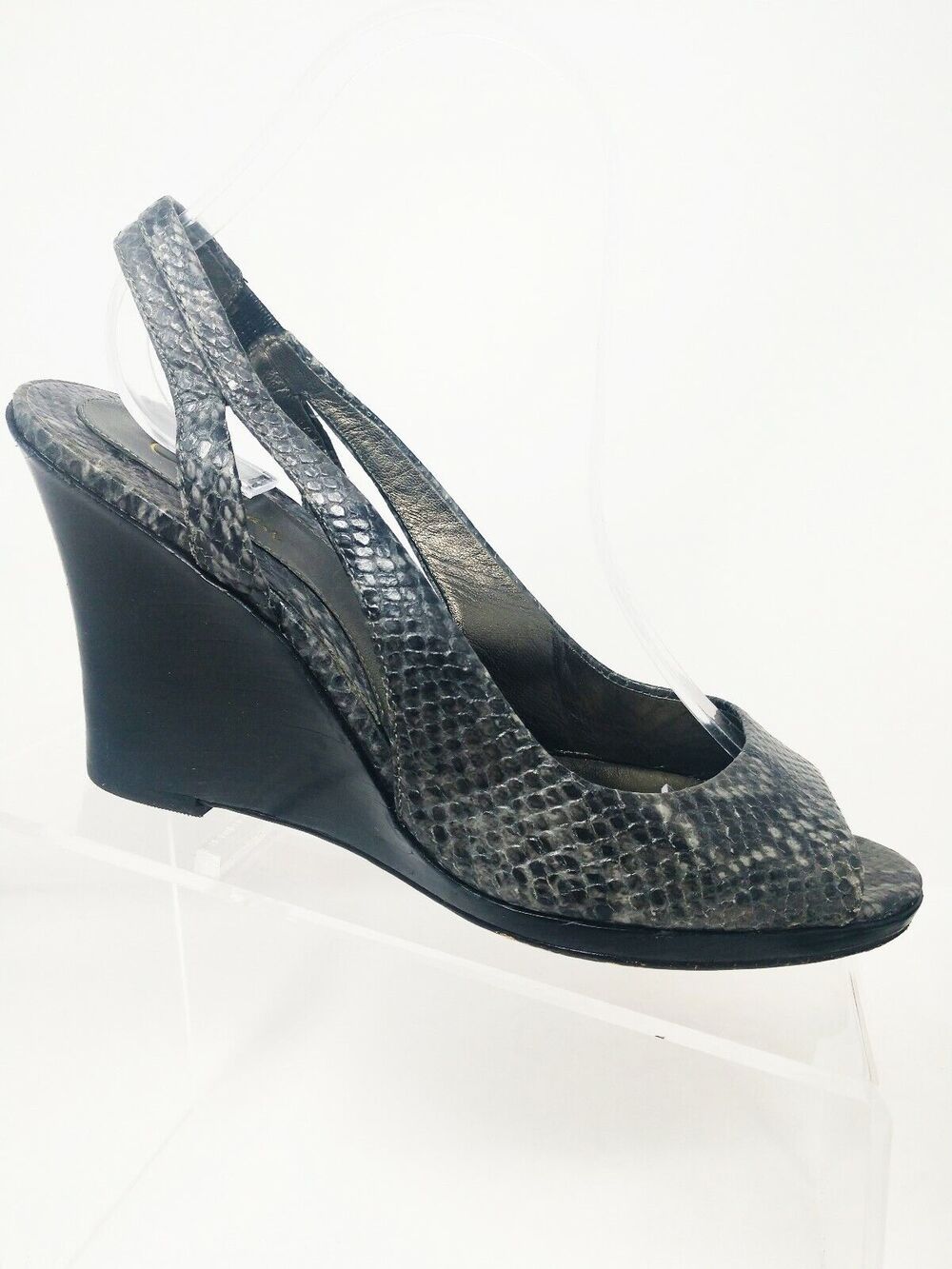 Cole Haan Women US 9.5 B Gray Snake Skin Slingback Wedge Peep Open Toe Shoe